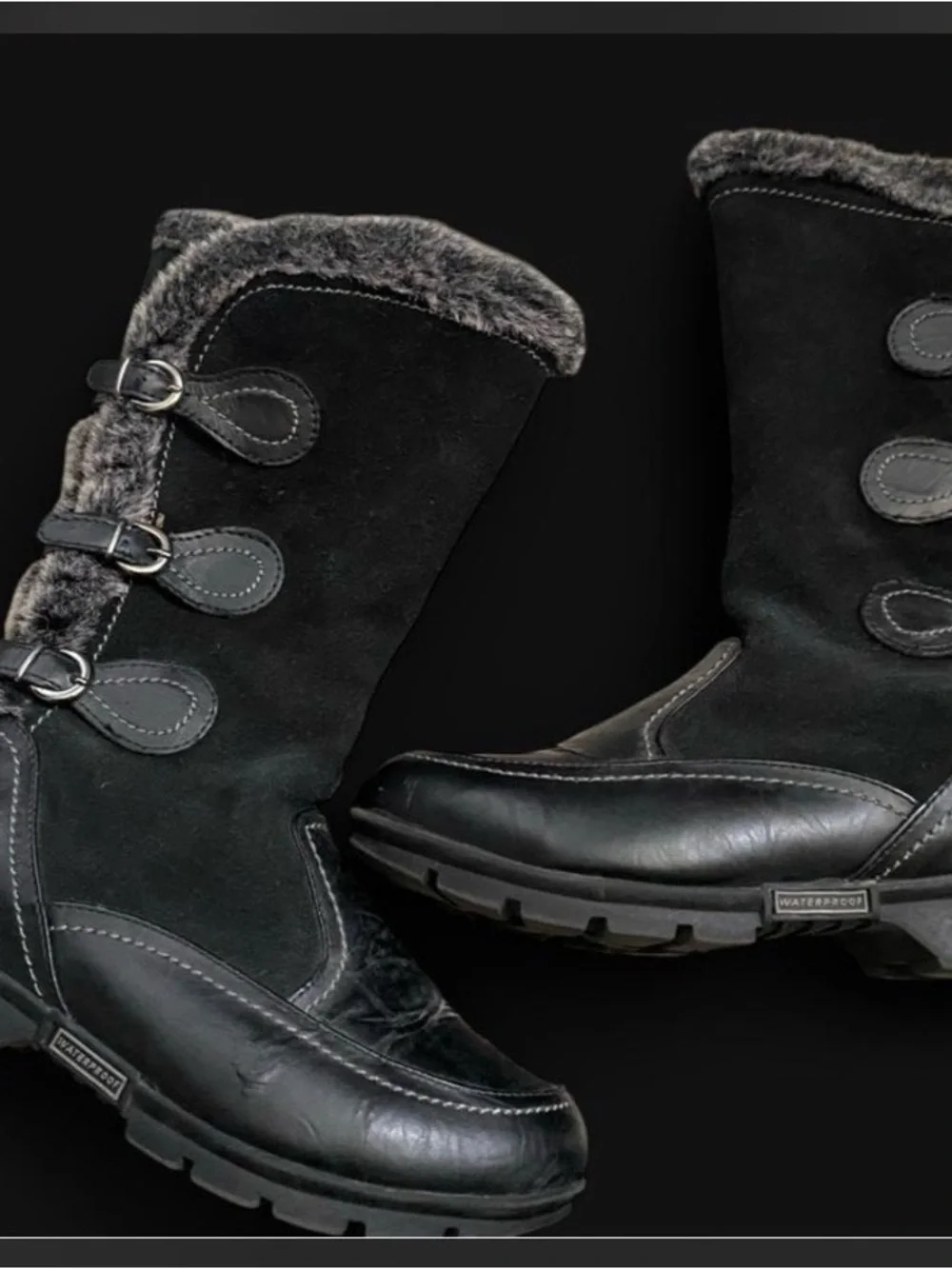 Women’s Black Waterproof Winter Boots with Fur-Trim and Buckle Detail